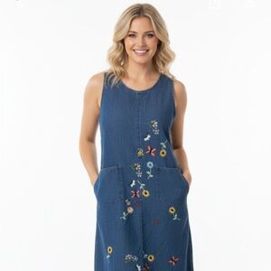 Vintage denim maxi dress floral embroidered size small cotton fabric